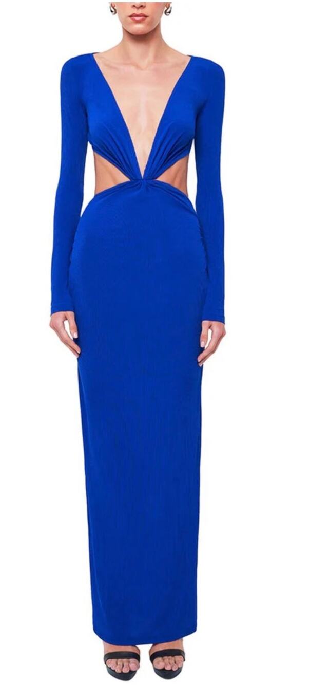 OW Collection Maxi Dress Blue Long Sleeve V Neckline Cut Out Waist New